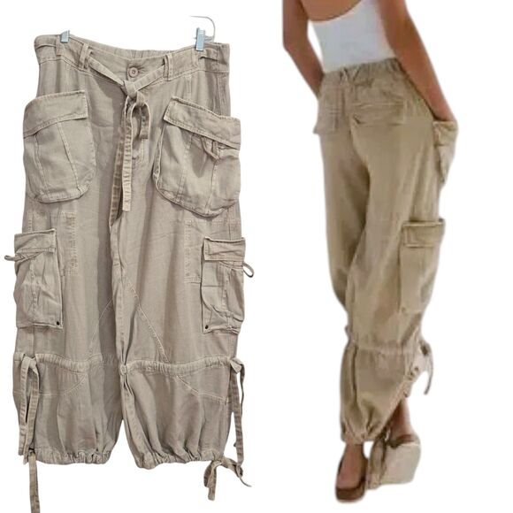 Free People Big Sky Parachute Cargo Slouchy Pants Size M Khaki Grunge Boho Artsy - Picture 1 of 10